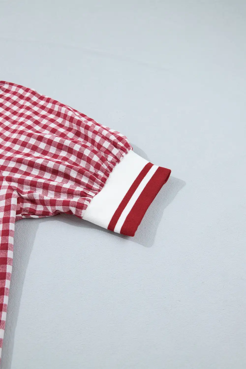 Red Gingham Striped Patchwork Half Zip Blouse