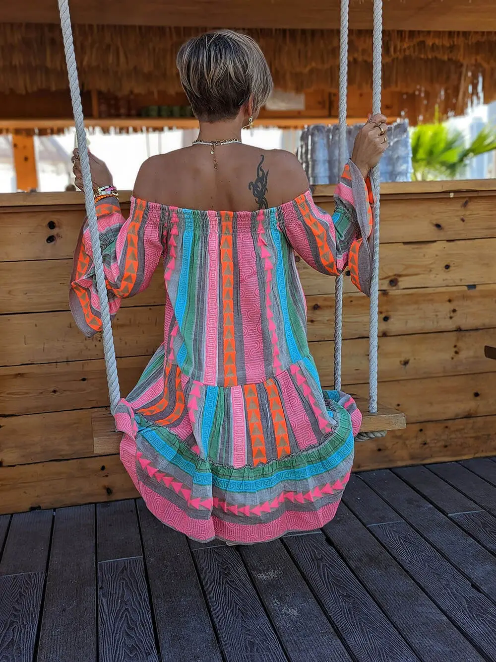 Linen Blend Ethnic Print Off Mini Dress