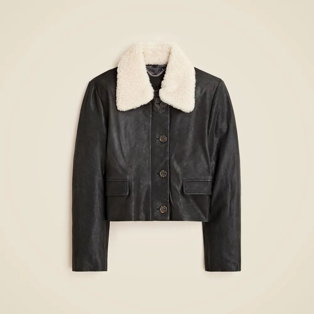 Cropped Leather Coats with Sherpa Collar