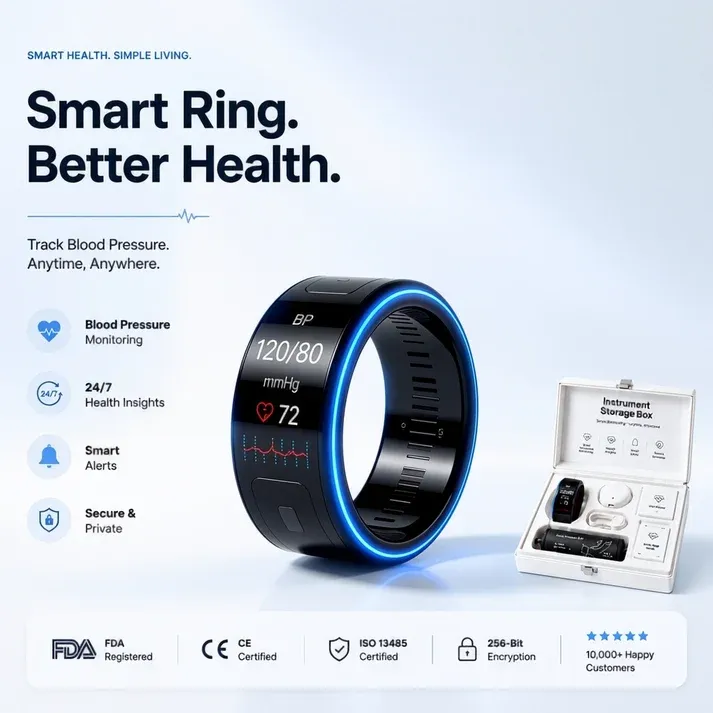 Smart Ring with Caller ID, Heart Rate, Blood Oxygen, Sleep & Step Tracking — Remote Camera Shutter & Media Control for iOS & Android — Waterproof Health Monitor