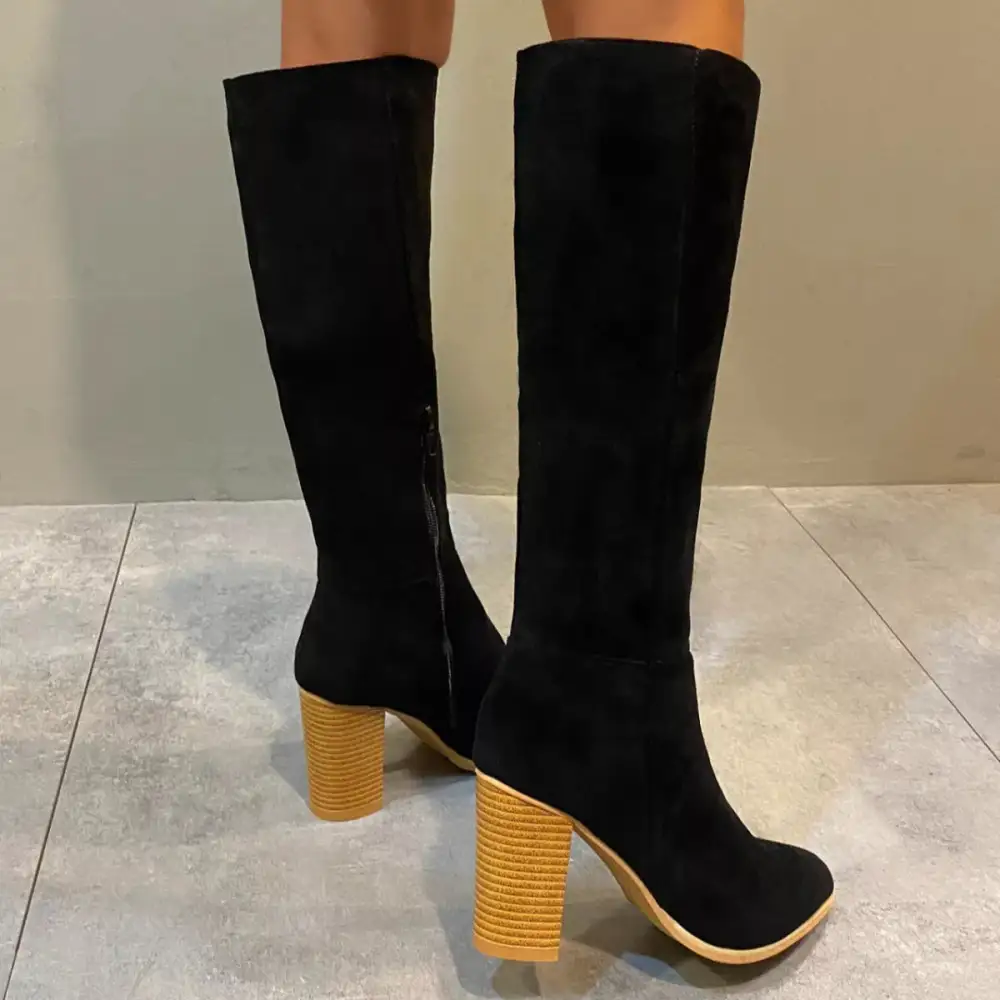 Pointed Toe Knee High Suede Block Heel Boots
