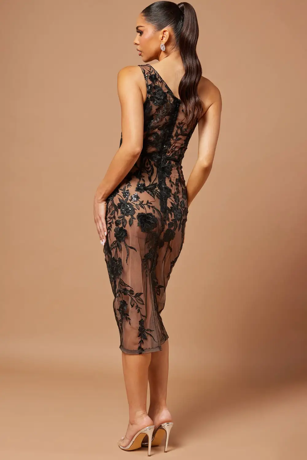 Valeria Sequin Embroidered Midi Dress - Black