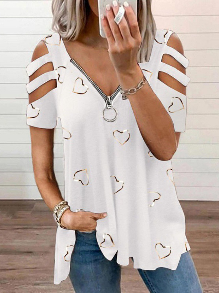 V-neck Zipper Printed Short-sleeved Top