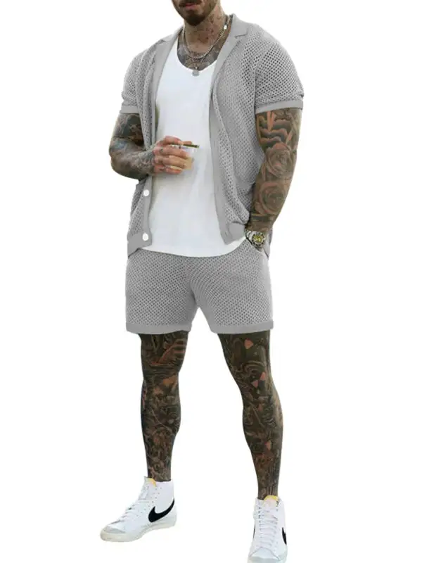 Knit Lapel Collar Short Sleeve Shorts