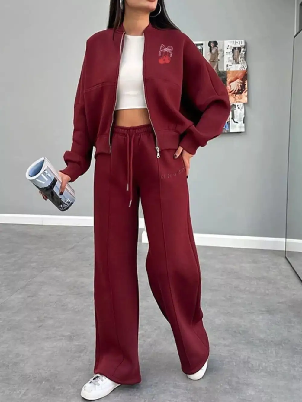 Zip Up Dropped Shoulder Outerwear and Pants Set