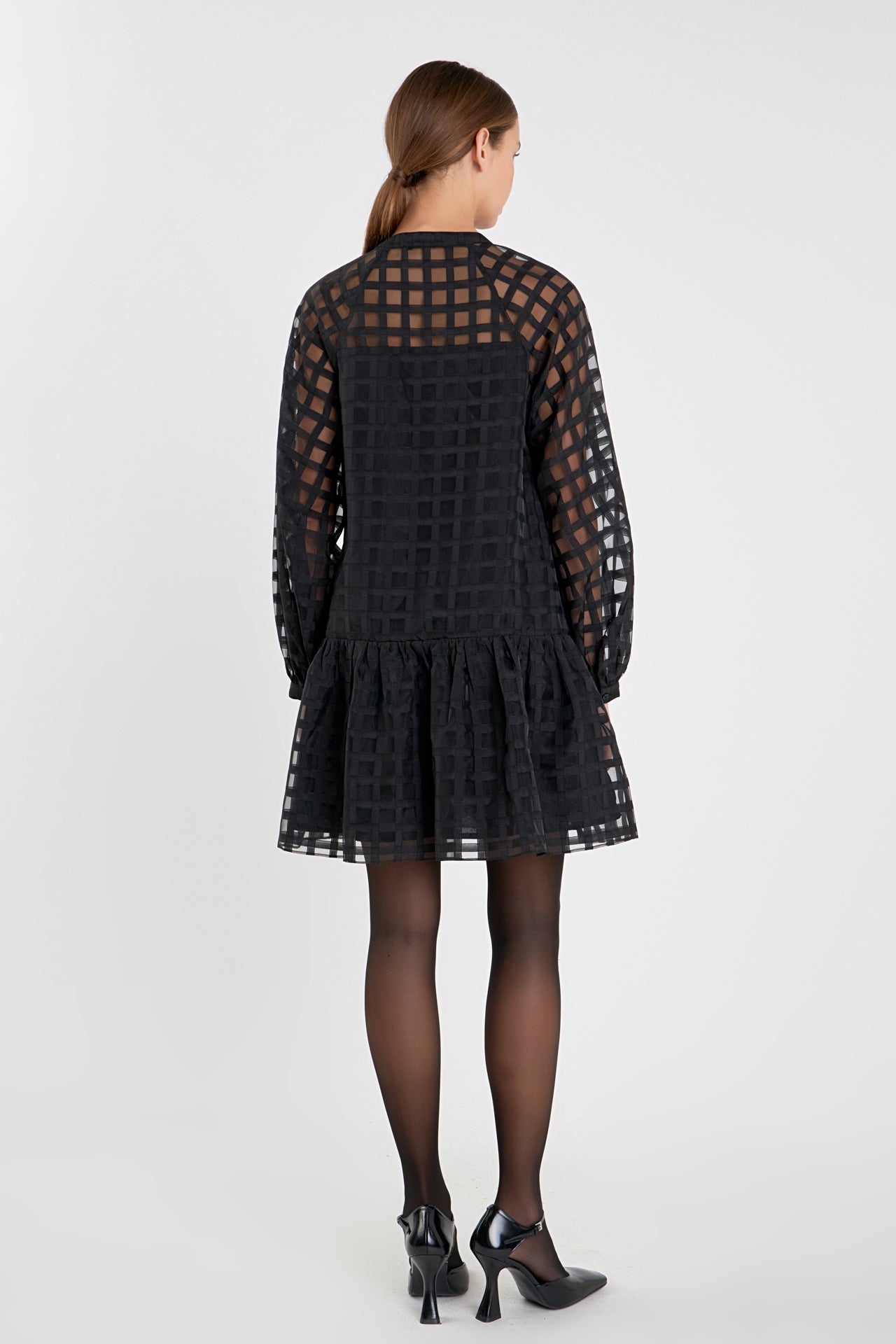 Sheer Checkered Organza Long Sleeve Mini Dress