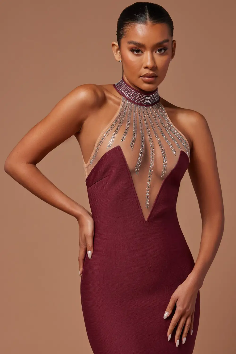 Lina Embellished Bandage Midi Dress - Burgundy