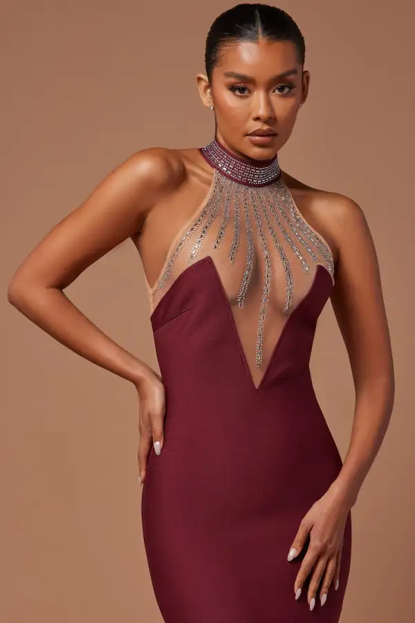 Lina Embellished Bandage Midi Dress - Burgundy