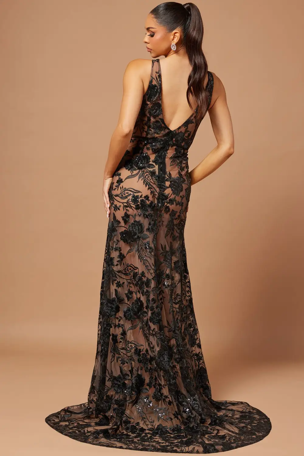 Serena Sequin Embroidered Gown - Black