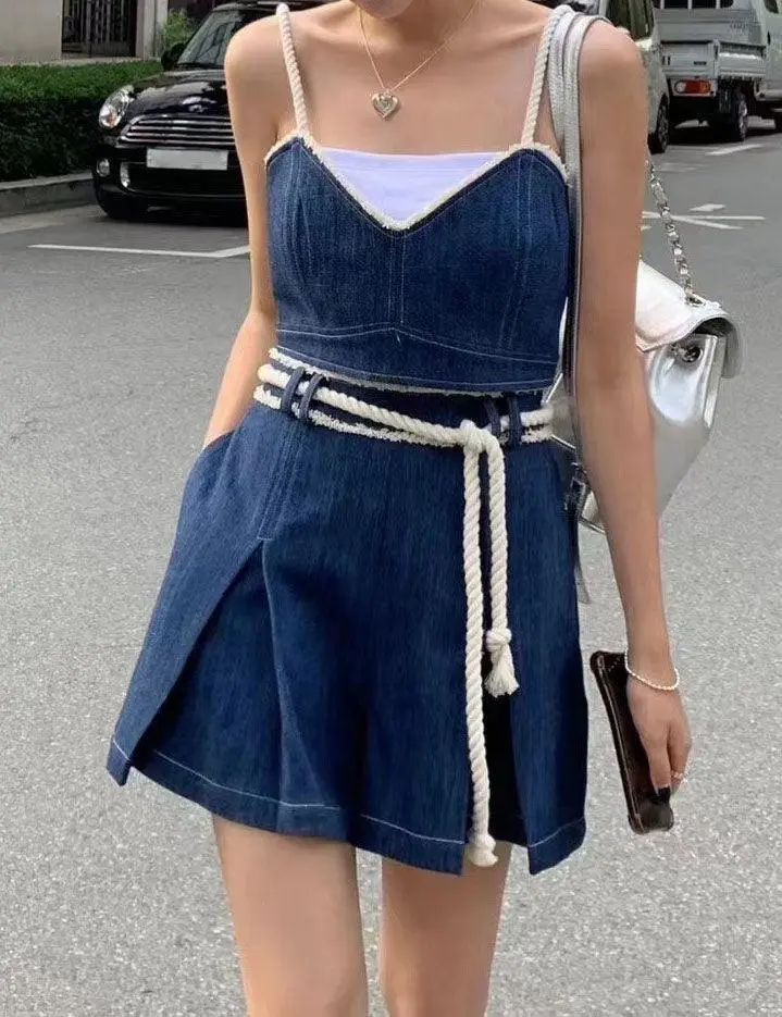 Strap Shoulder Denim Mini Dress