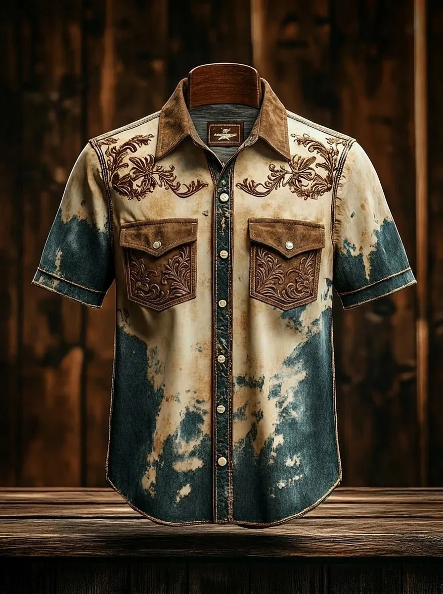 Men's Western Cowboy Floral Embossed Bleached Printed Shirt