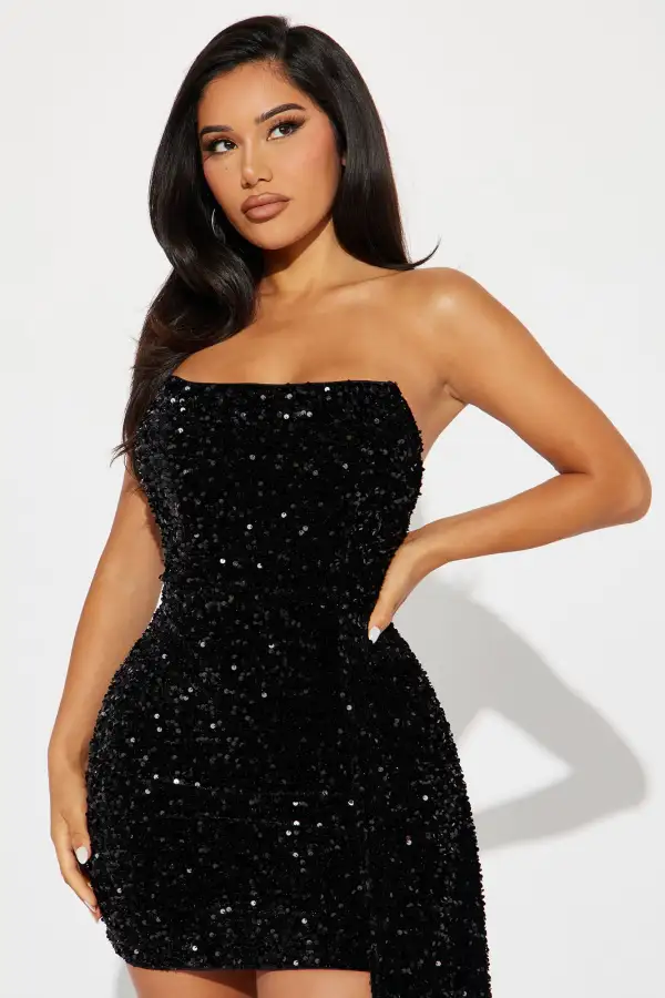 Ava Draped Sequin Mini Dress - Black