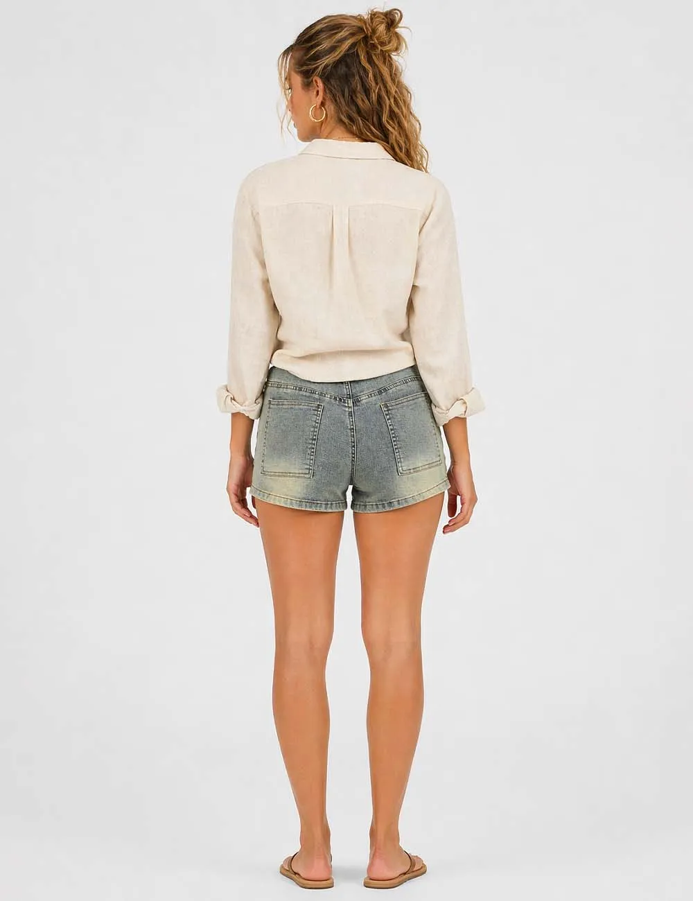 Metal Eyelet Wrap Denim Mini Shorts