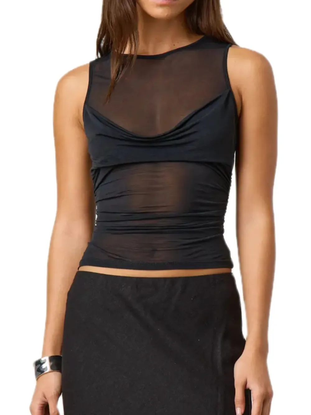 Ruched Sheer Round Neck Tank