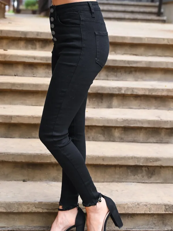 Metal Button Raw Hem Slimming Jeans