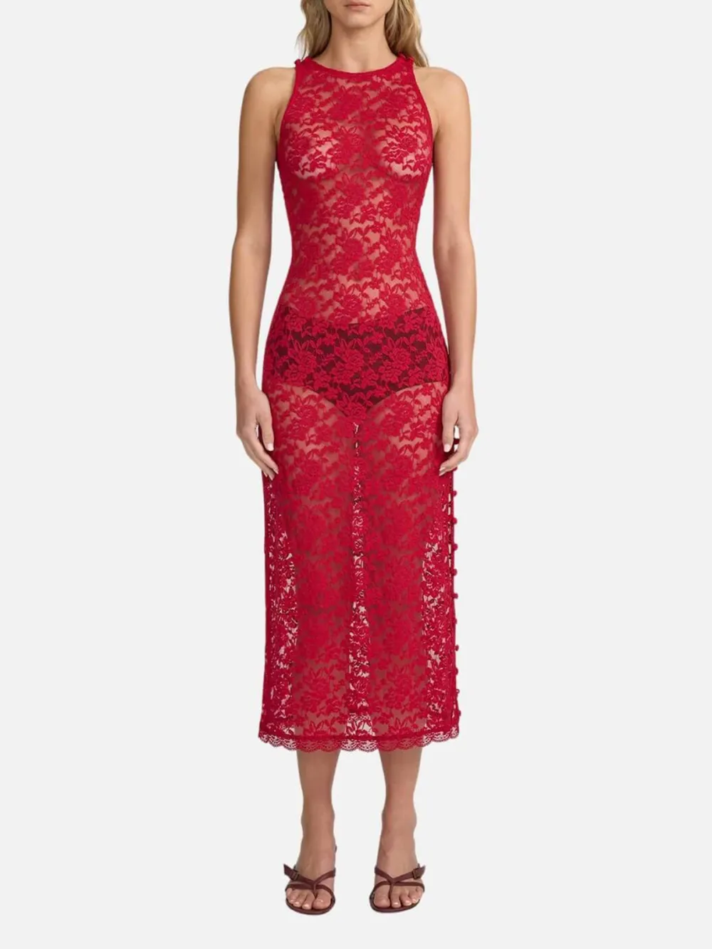 Sheer Lace Slit Sleeveless Dress