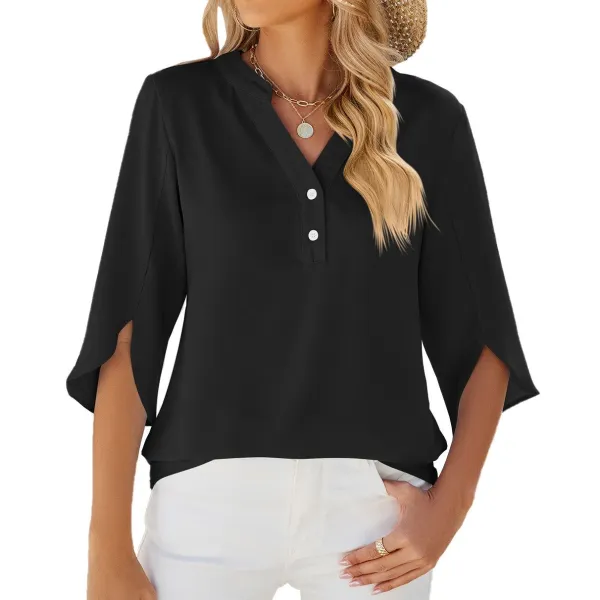 Button V-Neck Chiffon Blouse