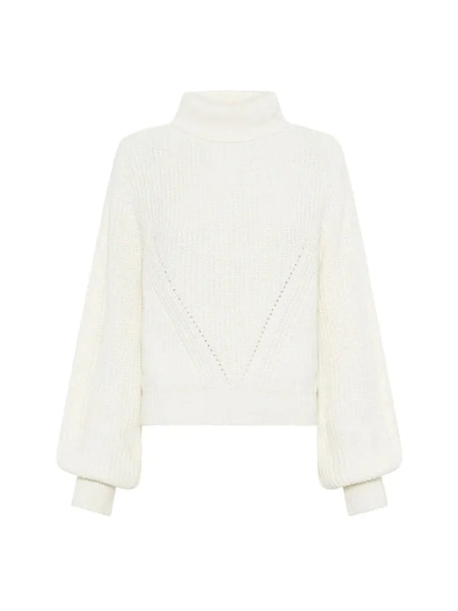 White Turtleneck Ribbed Knit Sweater