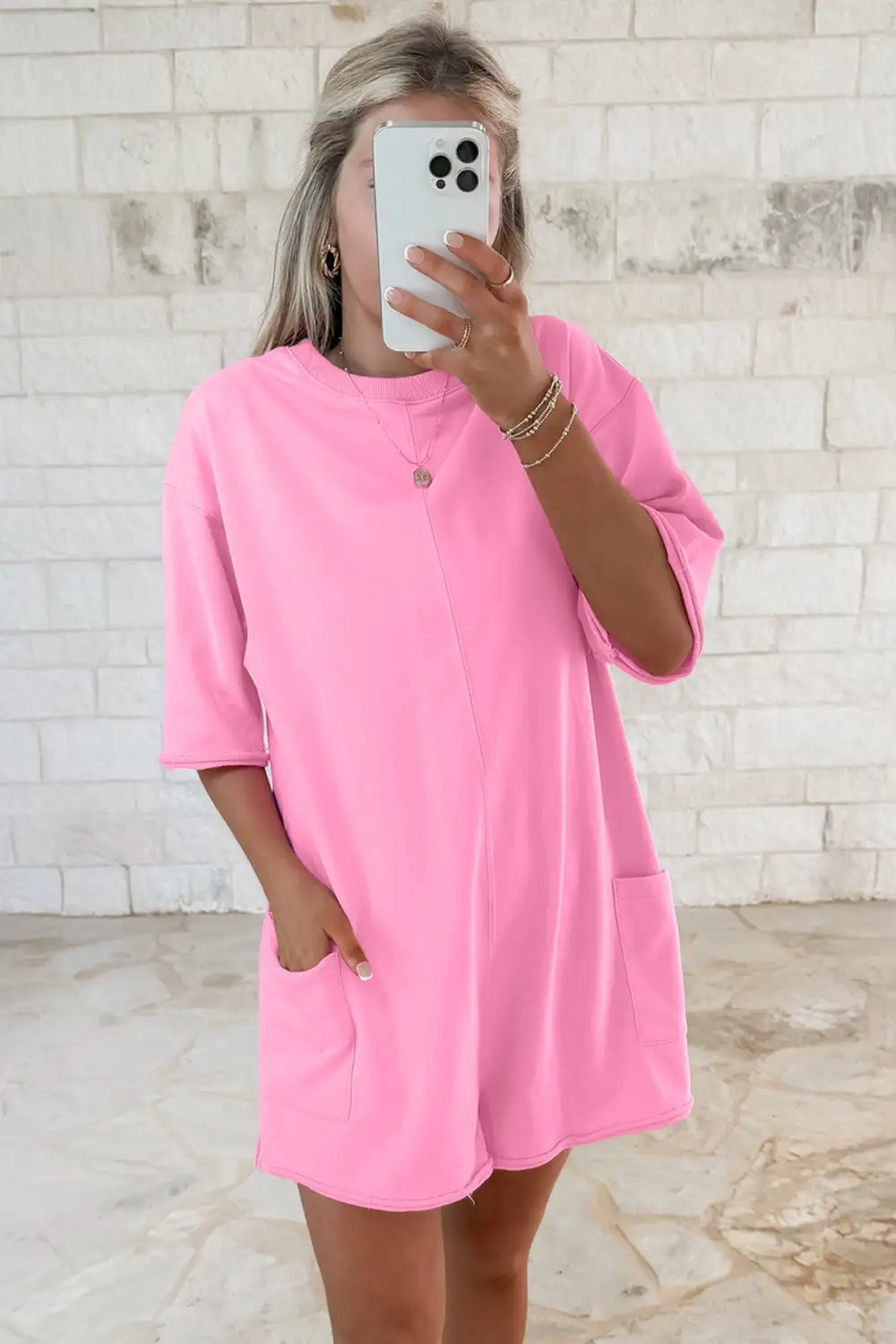 Raw Edge Half Sleeve Pocketed Loose Romper
