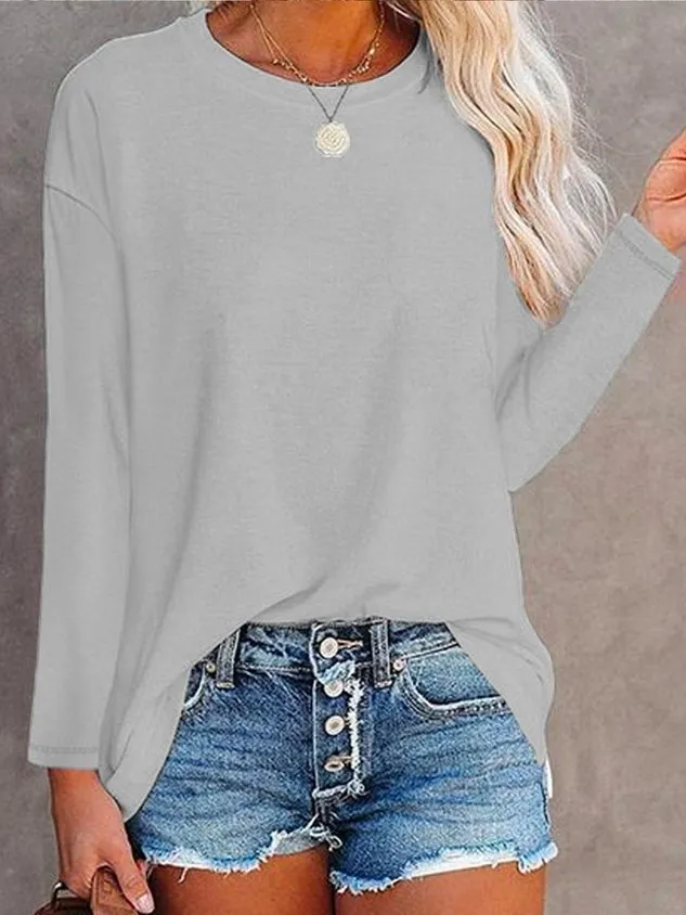 Plain Crew Neck Casual Jersey Tunic T-Shirt Long SLeeve