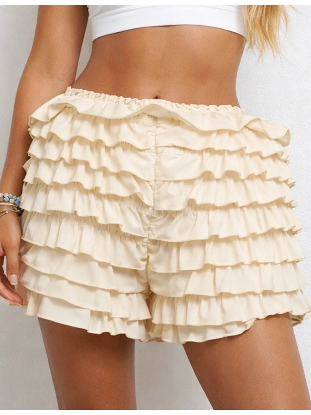 Tiered Ruffle Solid Color Elastic Waist Mini Shorts
