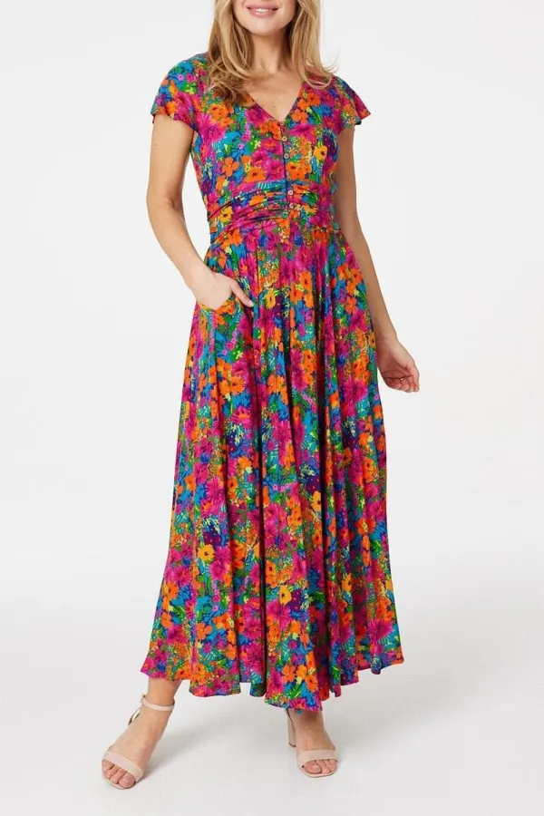 Colorful Floral Print Fitted Dress