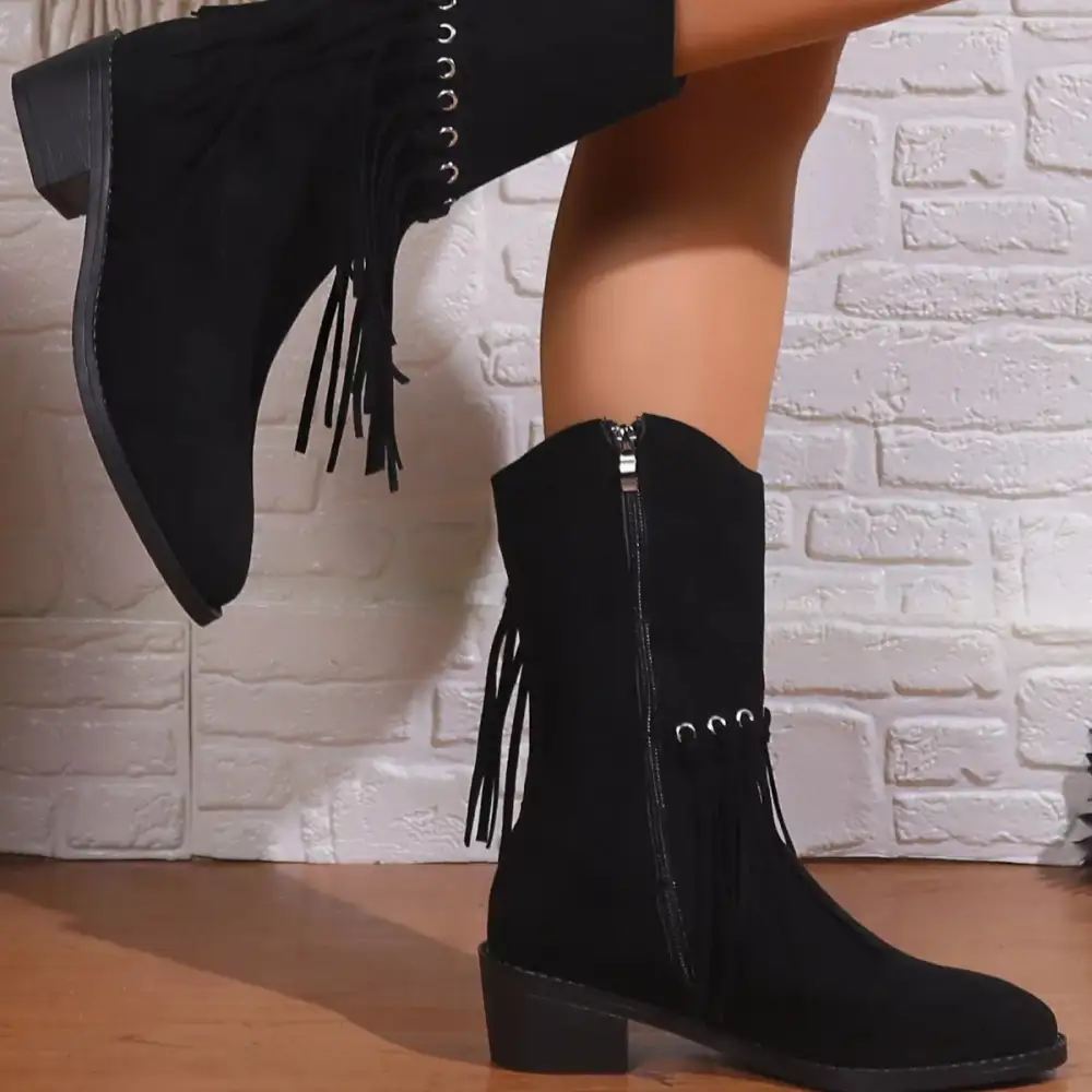 Fringe Western Block Heel Boots