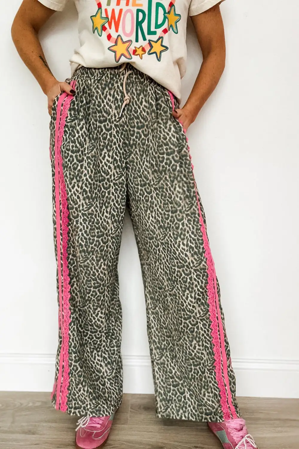 Mesh Leopard Contrast Lace Striped Pants