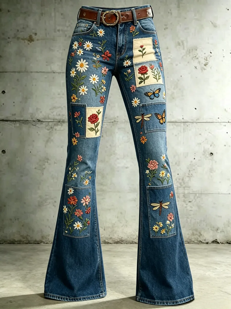 Women'S Retro Flower 250Th Anniversary Commemorative Casual Jeans