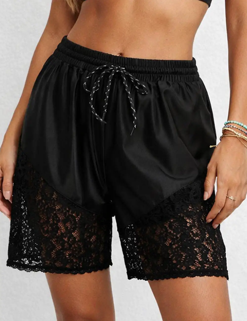 Lace Panel Drawstring Wide Leg Shorts