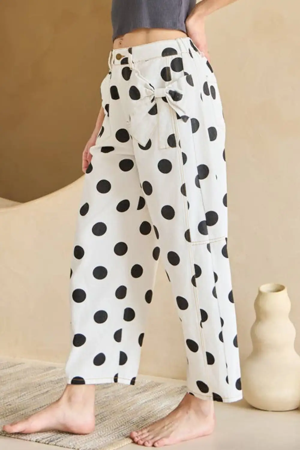 Modern Polka Dot Print Bow Detail Pocketed Jeans