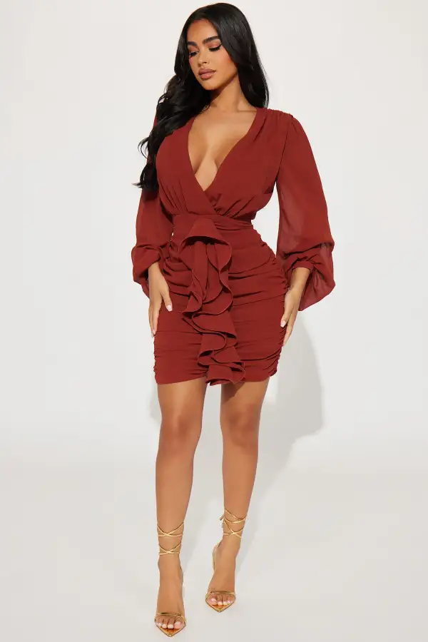 About The Business Ruched Mini Dress - Cognac