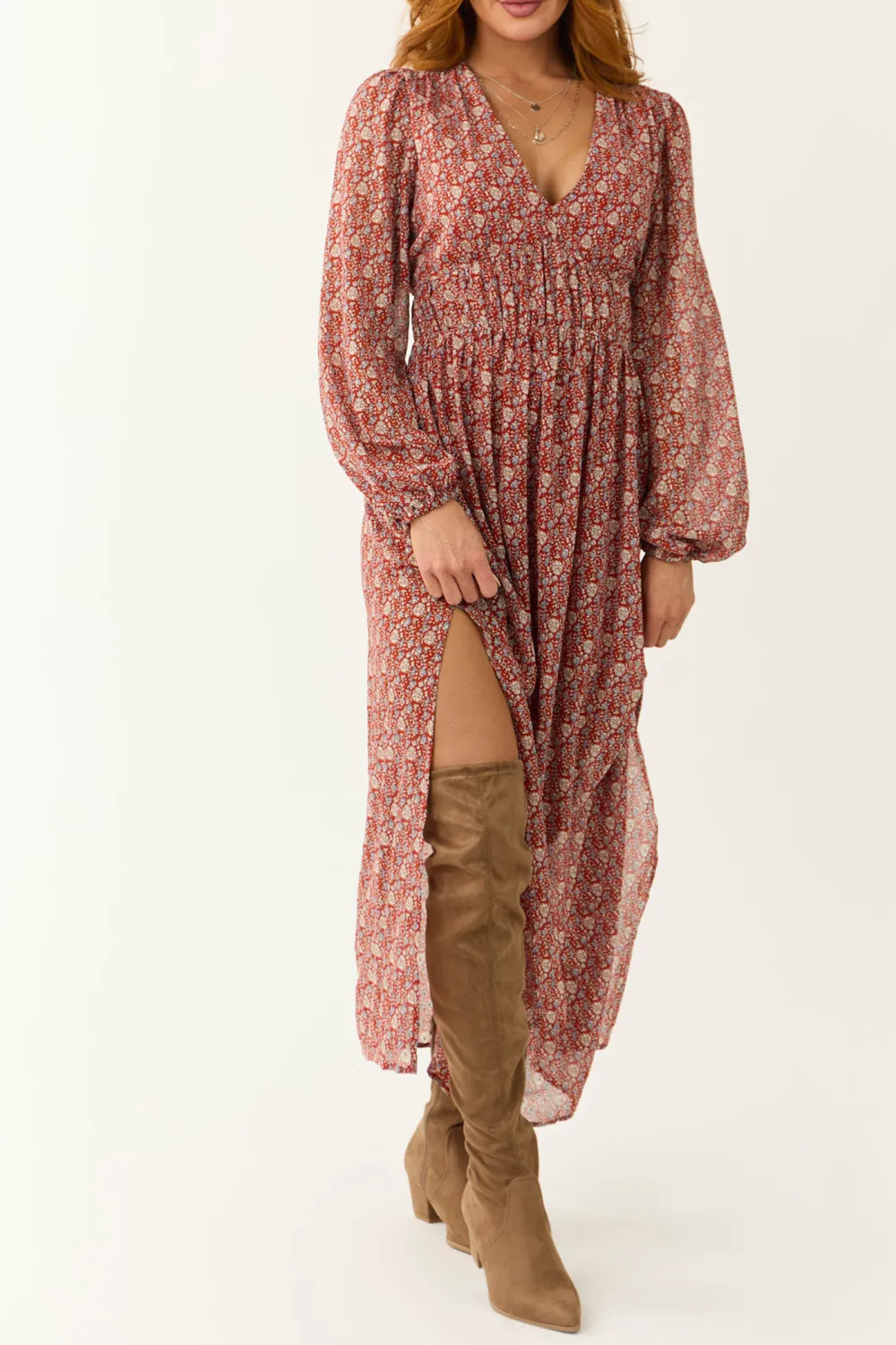 Burgundy Ditsy Floral Print Maxi Dress
