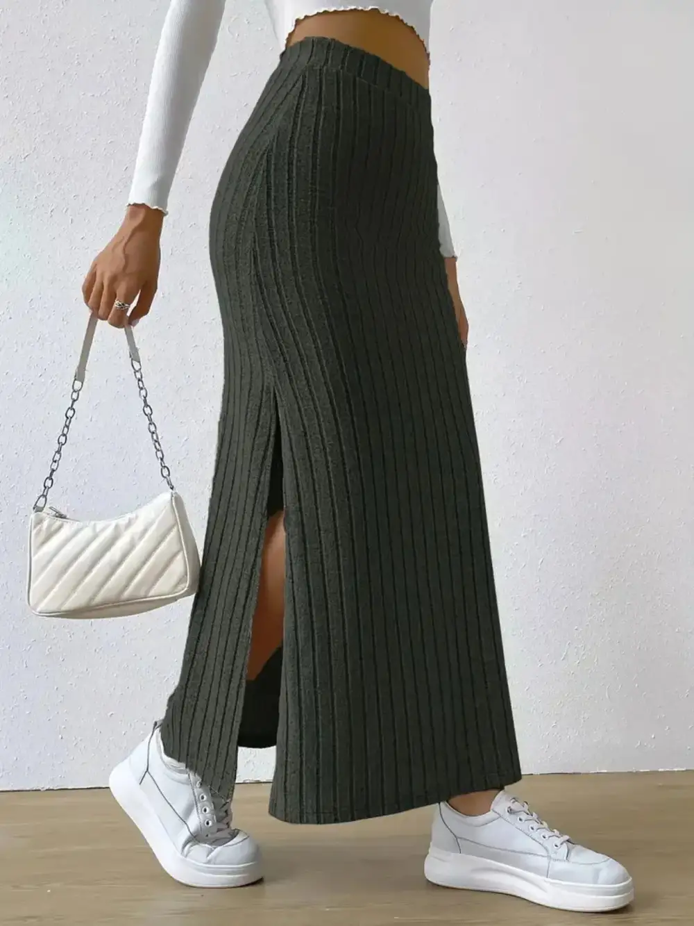 High Waist Ribbed Knit Skirt