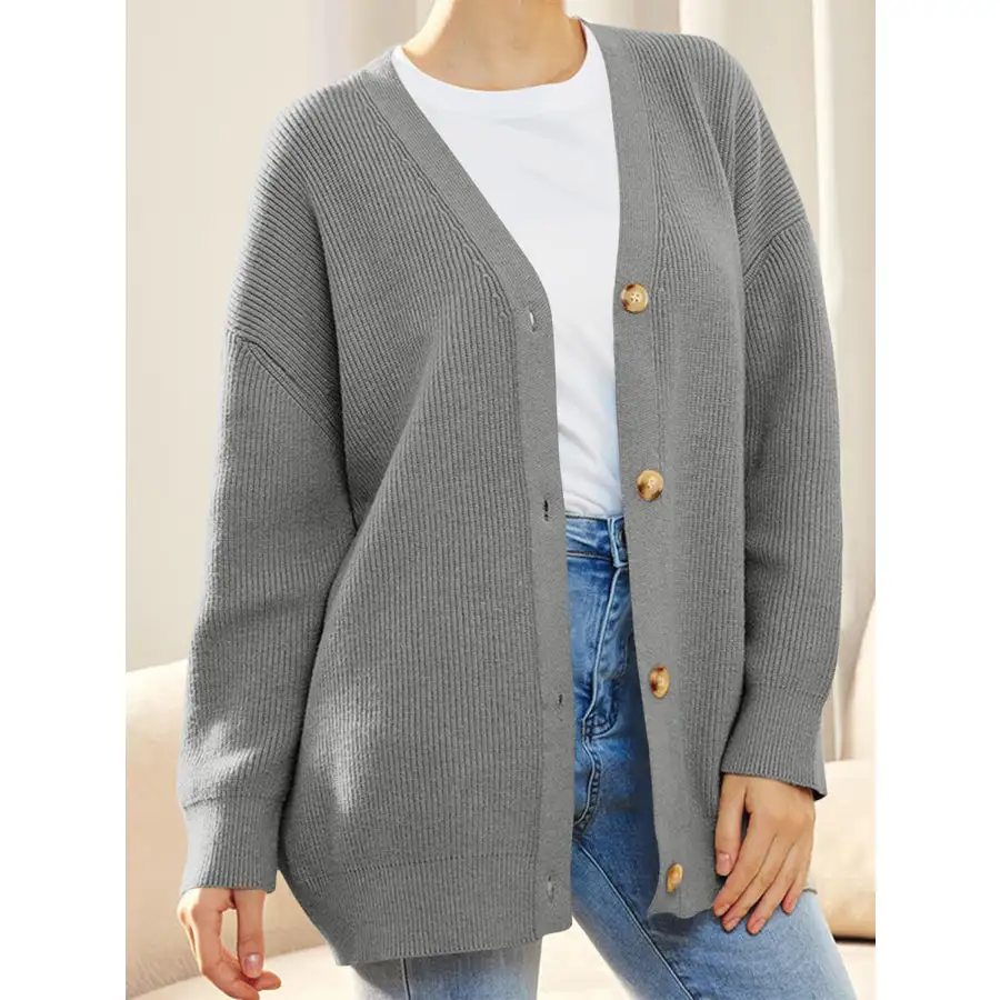 Button Down V Neck Long Sleeve Cardigan