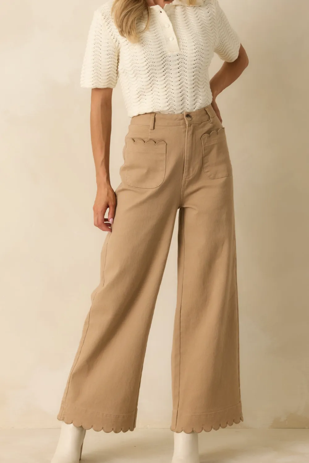Camel Cotton Scalloped Wide Leg Pants