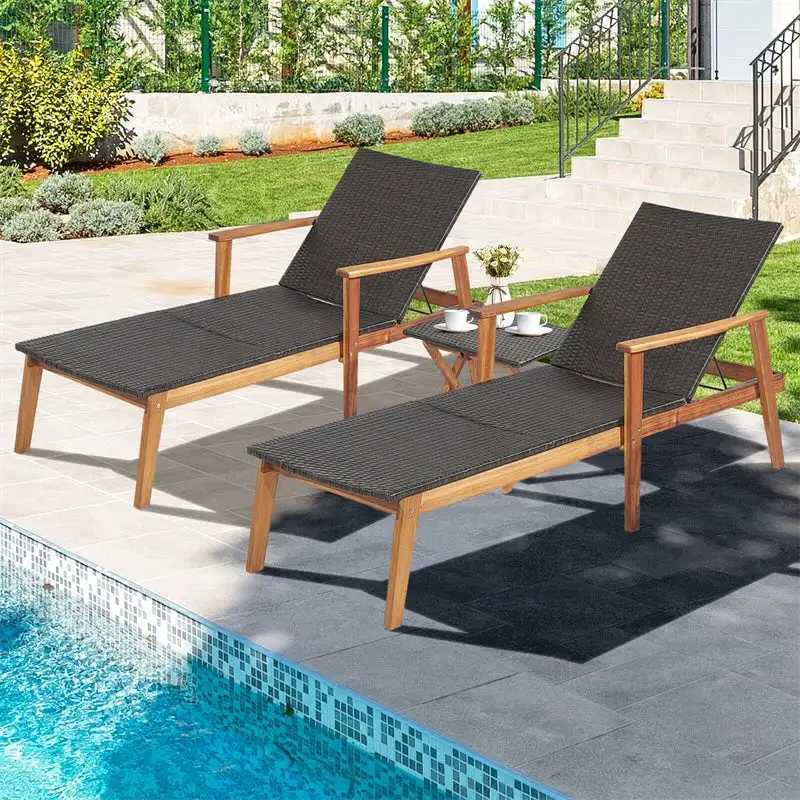 3 Piece Wicker Outdoor Lounge Chair Set Acacia Wood Chaise Lounge with Folding Side Table