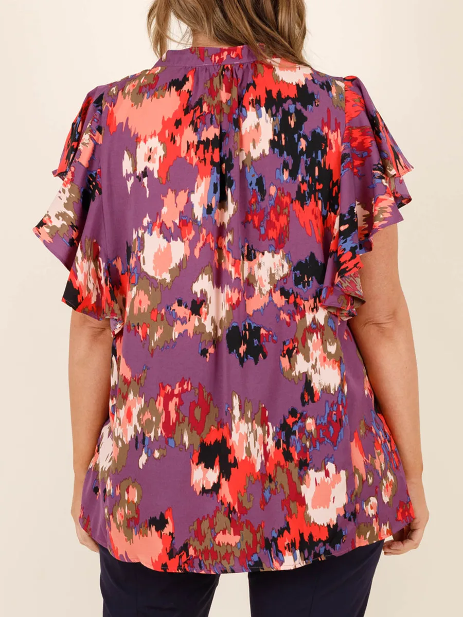 Contrast pattern ruffled short sleeved shirt