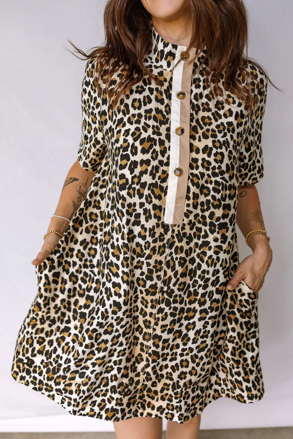 Multicolour Half Buttons Short Sleeve Loose Leopard Mini Dress With Pockets