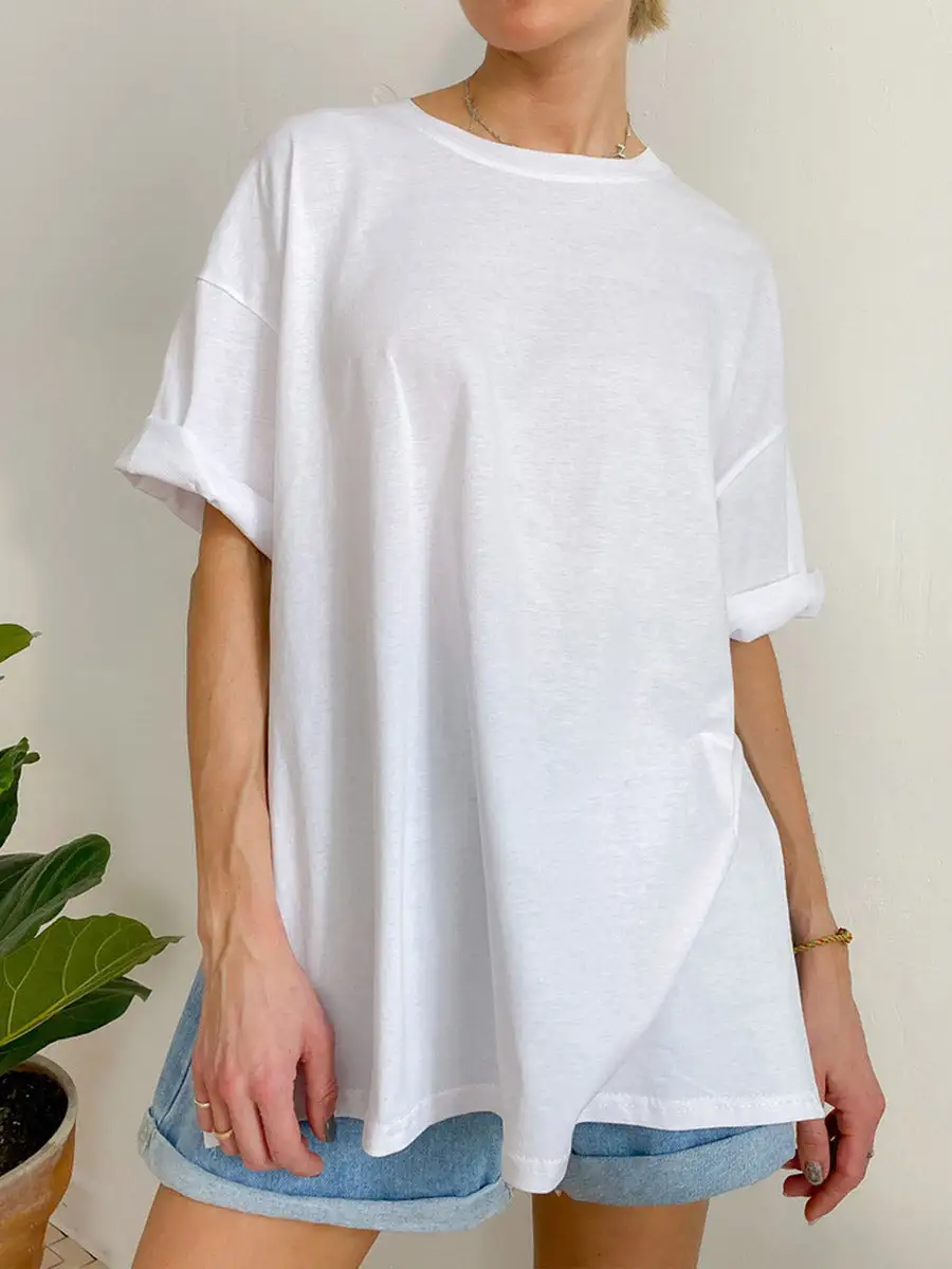 Relaxed Short Sleeve Side Slit Round Neck T-Shirt