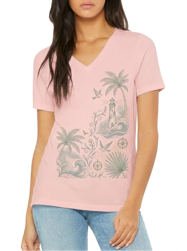 Women's Coastal Beach Lover Lighthouse Palm Printed V-neck T-shirt