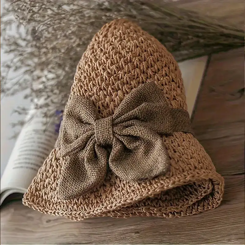 Women's Foldable Wide-Brim Straw Sun Hat – Hand-Knitted Cotton-Linen Blend with Bow Detail (Summer Style)