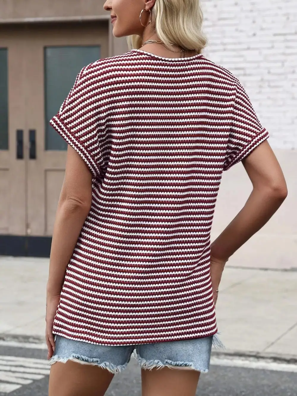 Striped V Neck Relaxed Fit T Shirt
