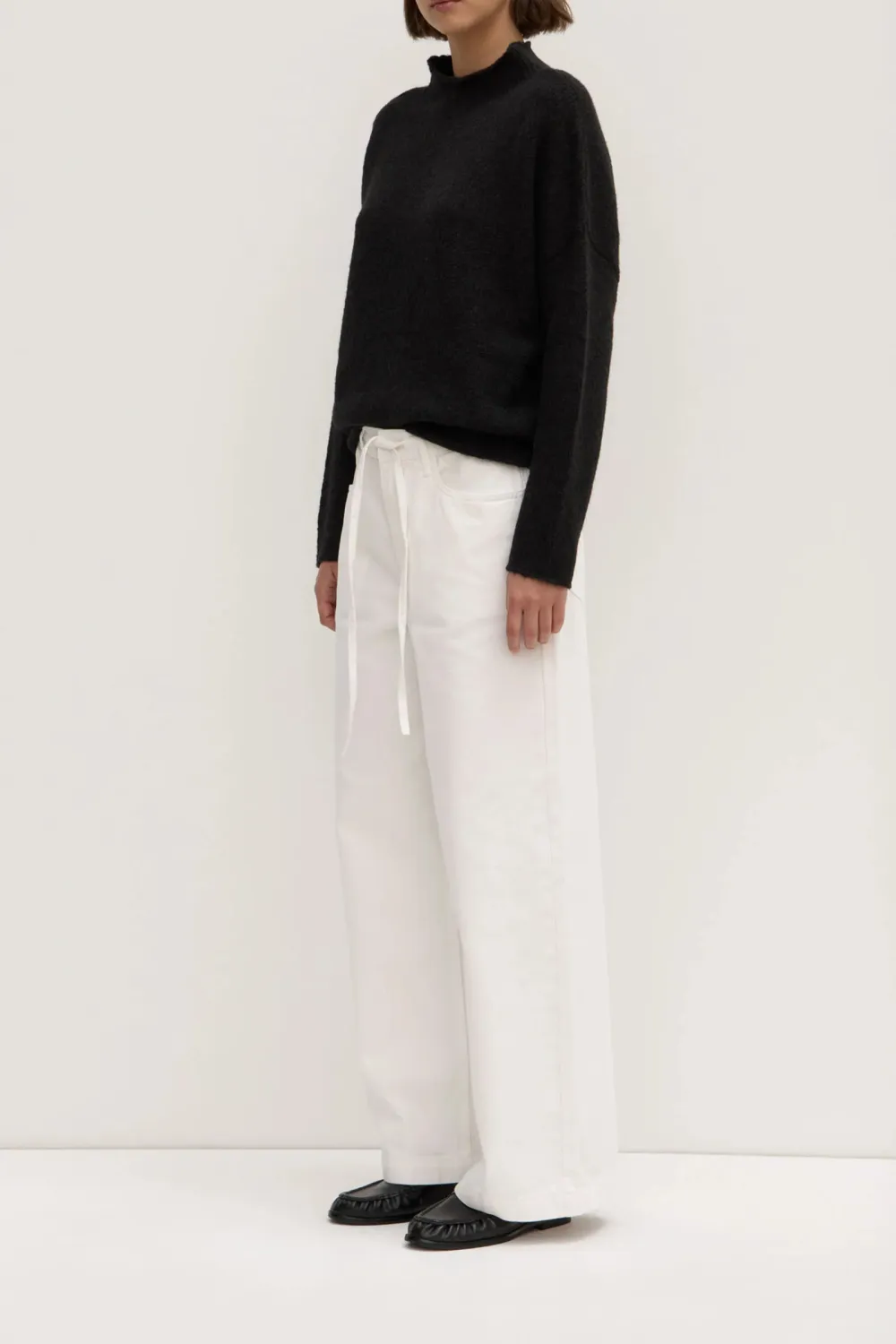 Loose Knit Sweater With Shoulder Drop And Stand Up Collar
