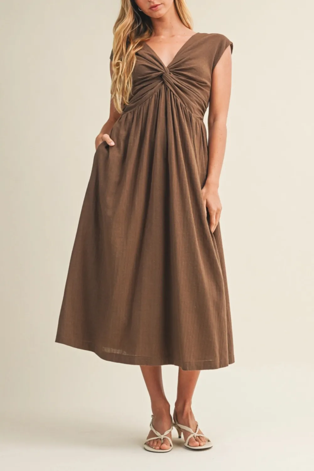 Short Sleeve Twist Front Flared Midi Dress