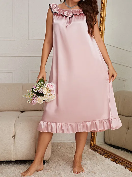 Plain Satin Casual Nightdress Mid Length Home Night Dress