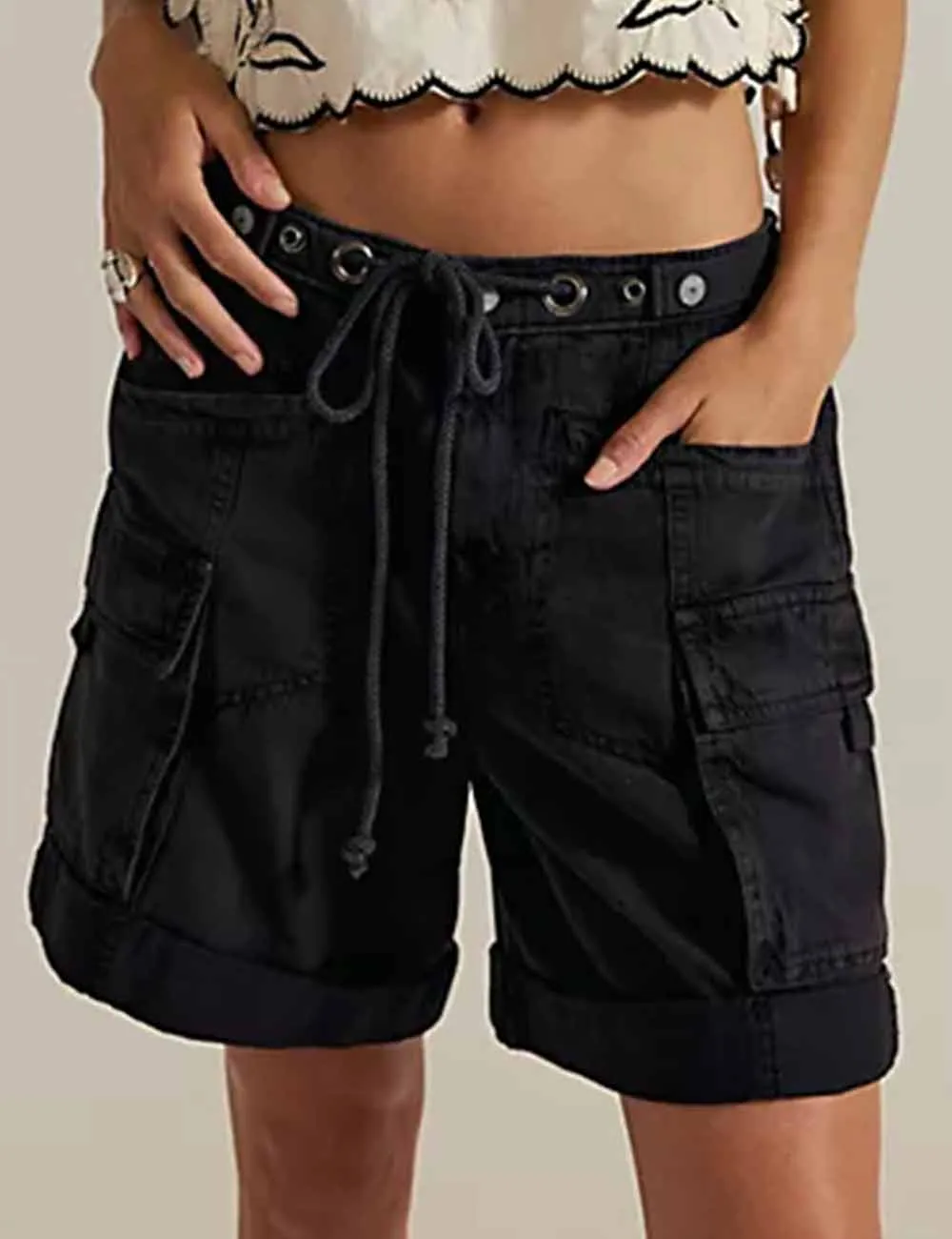 Pocket Drawstring Elastic Waist Rolled Denim Shorts