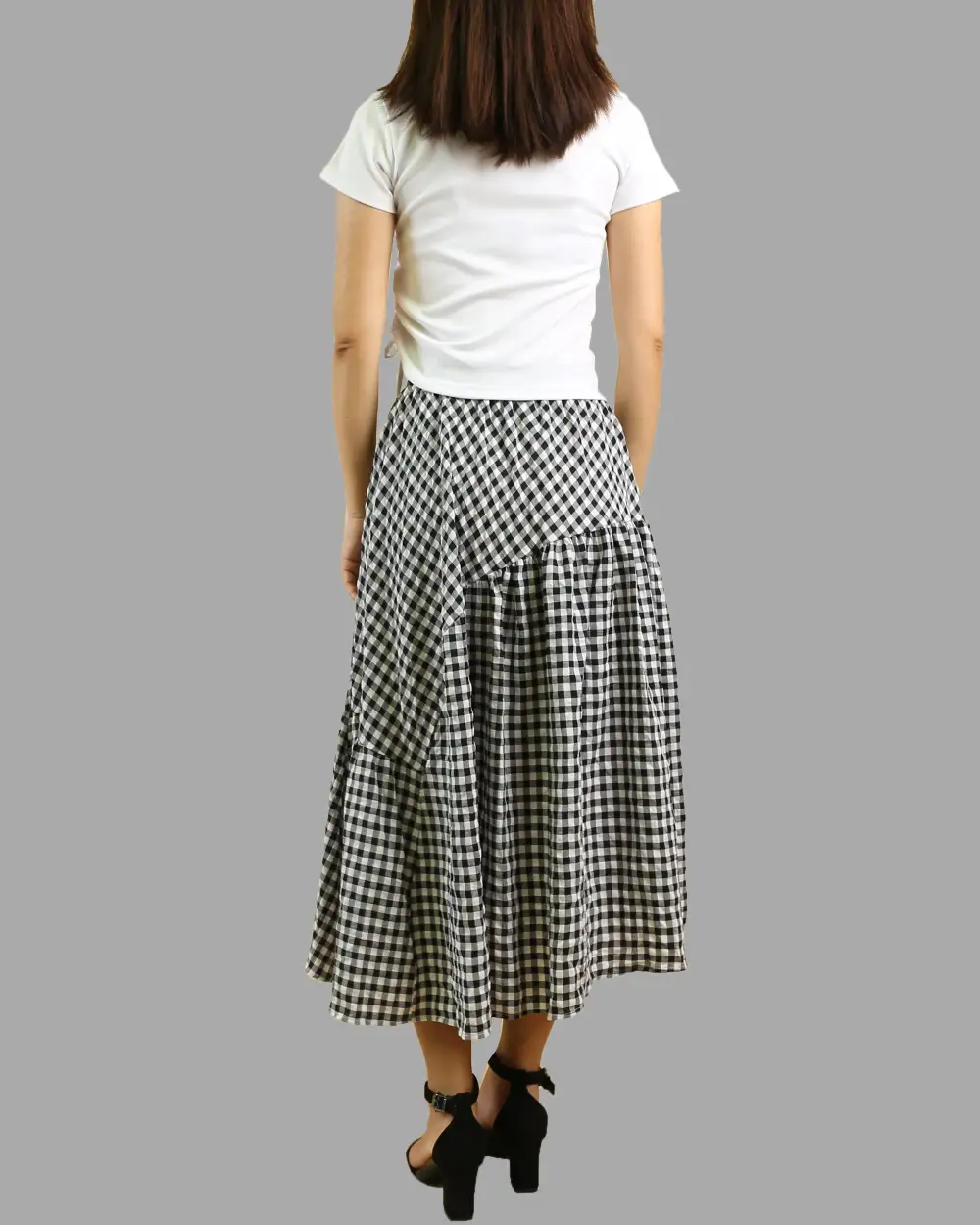 Plaid Linen Flared Midi Skirt