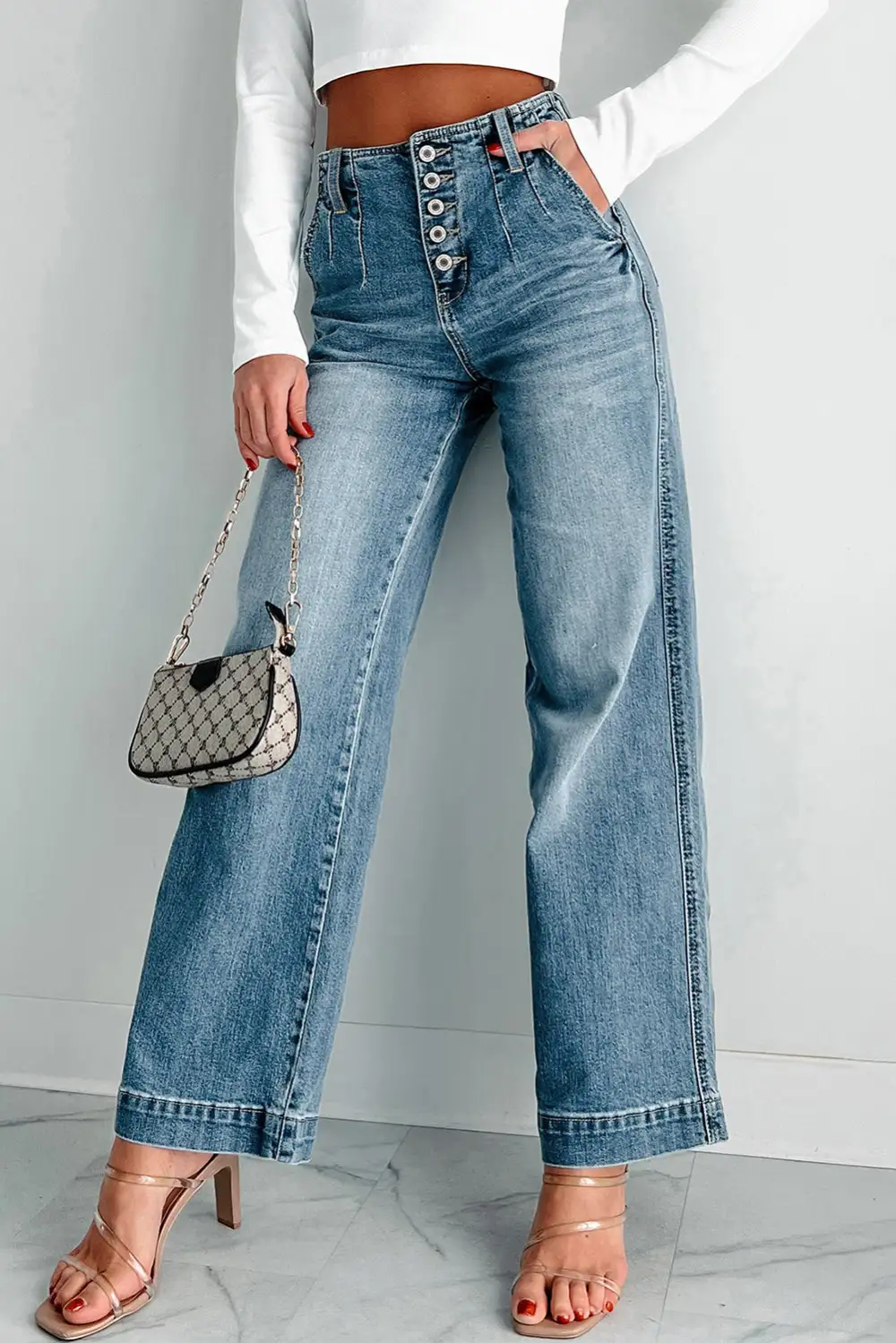 Multi Buttons Wash Straight Loose Leg Jeans