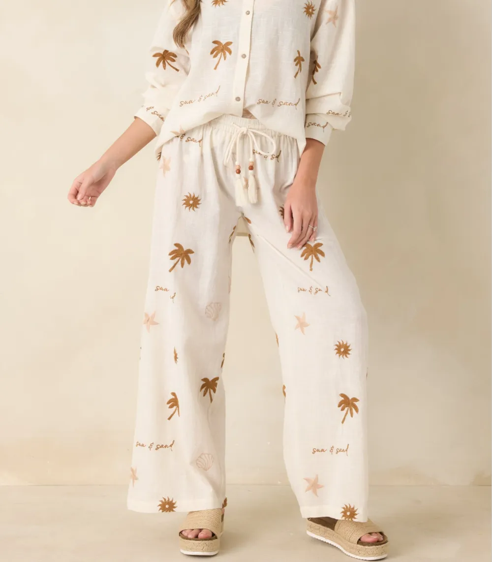 Coastal Embroidered Cotton Wide Leg Pants
